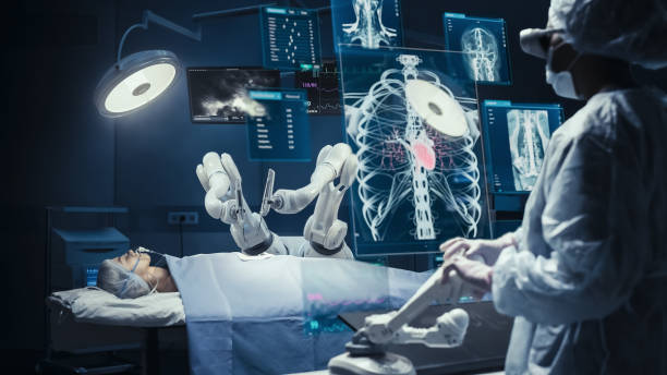 surgeon wearing ar headsets and using high-precision remote controlled robot arms to operate on patient in hospital. doctor controlling robotic limbs, observing organs on holographic vfx displays. - robotchirurgie stockfoto's en -beelden