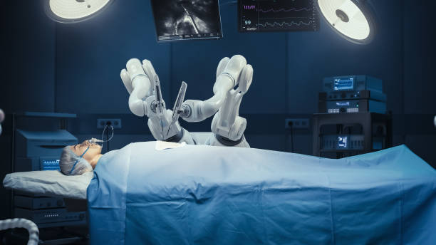 istock Futuristic Hospital: Surgery Patient Laying On Surgical Table While Robot Arms Performing High-Precision Nanosurgery. Automated And Programmable Robotic Limbs Working On Heart Transplant On Person. 1530778817