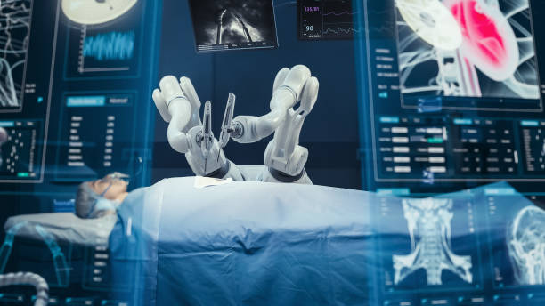 istock Surgeons Operating Human and Using High-Precision Remote Controlled Robot Arms To Operate On Patient In Hospital. Doctors Working With Robotic Limbs, Observing Vitals On Holographic VFX Displays. 1530778883