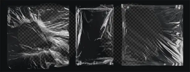 Vector illustration of Realistic templates, layouts of various types of transparent plastic packaging for overlay, empty bags on a black background