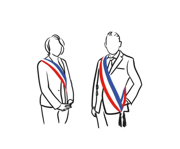 Vector illustration of male and female mayors representing French towns and cities