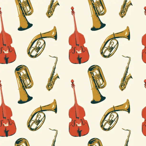 Vector illustration of seamless background pattern with different wind and string musical instruments