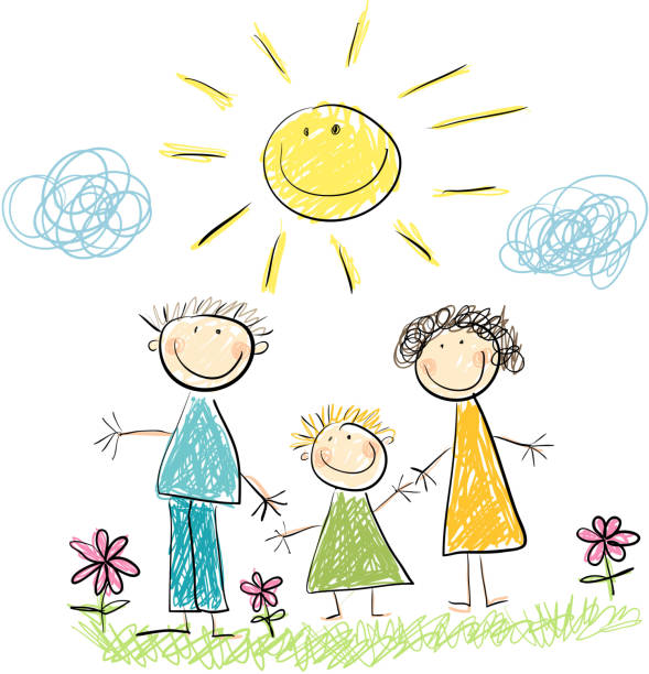 семья и sun - men drawing cheerful friendship stock illustrations