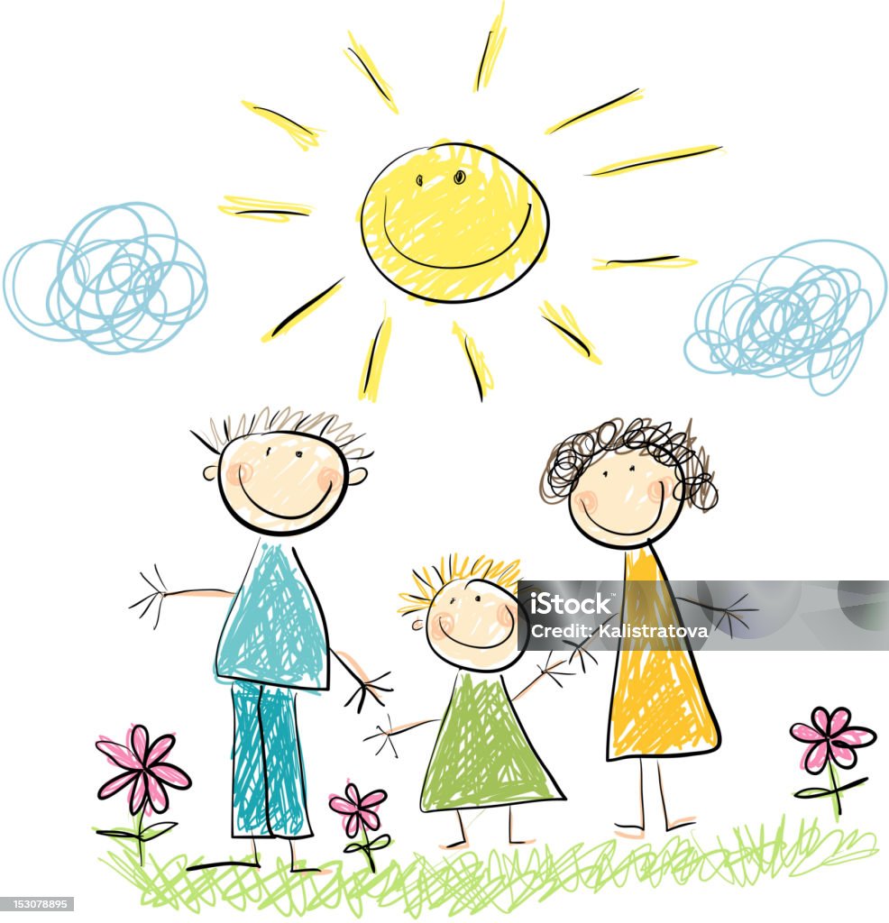 Family and sun Happy Family  (child's drawing collection) Child stock vector