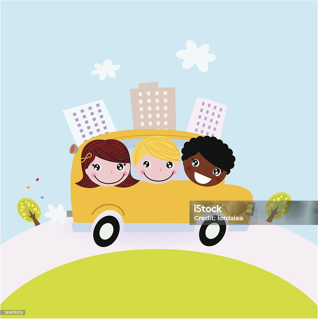 Cute kids in school bus on the hill Happy children on the way to school Art stock vector