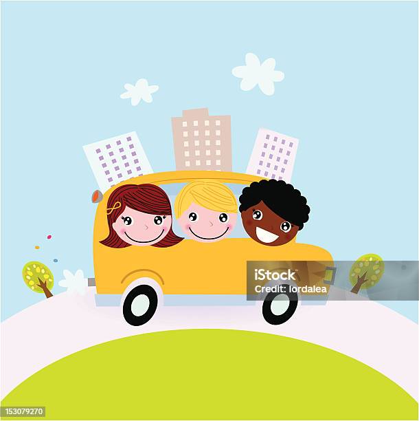 Cute Kids In School Bus On The Hill Stock Illustration - Download Image Now - Art, Art And Craft, Boys
