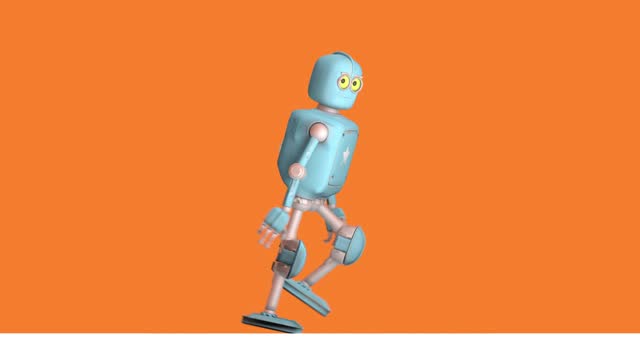 Retro blue robot character running, 3d render, alpha channel