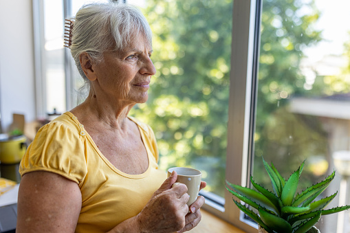 Portrait of a senior Caucasian woman looking out a window at home