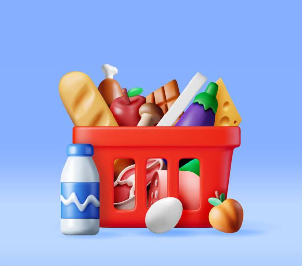 3D Shopping Plastic Basket with Fresh Products 3D Shopping Plastic Basket with Fresh Products. Render Grocery Store, Supermarket. Food and Drinks. Milk, Vegetables, Meat Chicken, Cheese, Sausage, Salad, Bread Chocolate Egg. Vector illustration buying liquor stock illustrations
