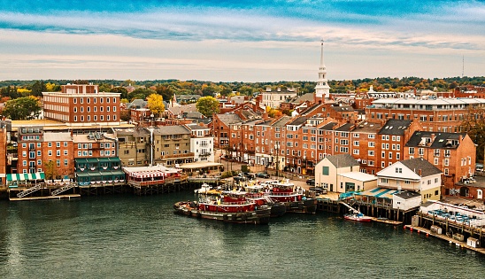 An aerial view of historic buildings around Downtown Portsmouth in New Hampshire in the fall