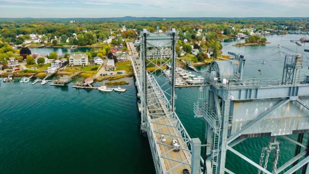 Aerial view of a historic bridge over the water in Portsmouth, New Hampshire An aerial view of a historic bridge over the water in Portsmouth, New Hampshire portsmouth nh stock pictures, royalty-free photos & images