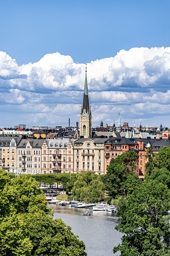 An Urban cityscape featuring a clock tower and trees in the foreground: Stockholm city