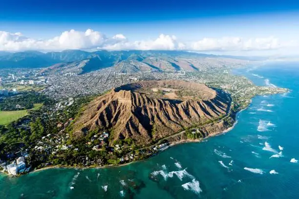 A scenic aerial view of the island of Oahu in the Hawaiian archipelago, with its lush vegetation