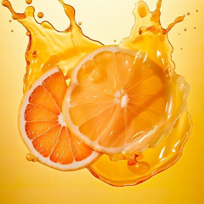 A close-up image of a freshly cut orange fruit, with one of the slices in vitamin C serum