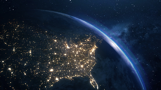 USA seen from space at night. Glowing maps of USA. 3D render. Earth textures are taken from NASA public domain