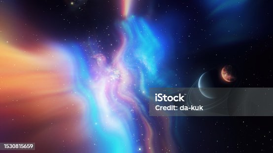 istock Flying in outer space through aurora. Planets and stars seen on the bakcground 1530815659