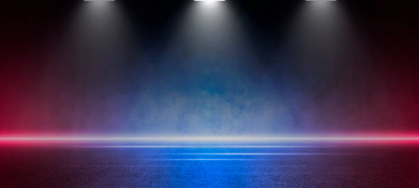 istock Stage shows, Dark blue and red an empty dark scene, laser beams, neon, spotlights reflecting on the asphalt floor, studio room with abstract smoke floating up, night view of the street, the city 1530818675