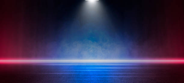 istock Stage shows, Dark blue and red an empty dark scene, laser beams, neon, spotlights reflecting on the asphalt floor, studio room with abstract smoke floating up, night view of the street, the city 1530823515