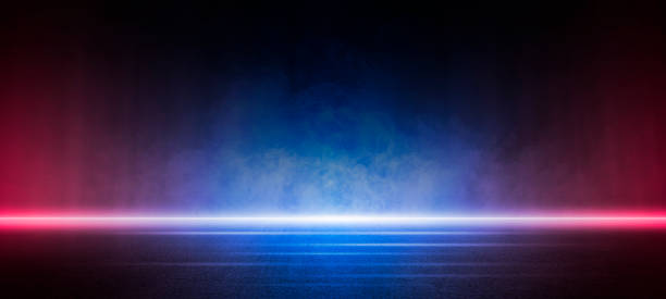 istock Stage shows, Dark blue and red an empty dark scene, laser beams, neon, spotlights reflecting on the asphalt floor, studio room with abstract smoke floating up, night view of the street, the city 1530823522