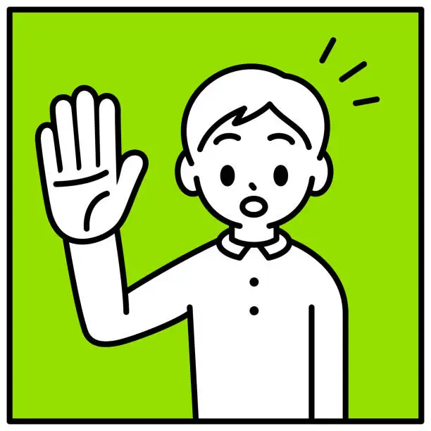 Vector illustration of A boy is raising his hand to speak, looking at the viewer, minimalist style, black and white outline