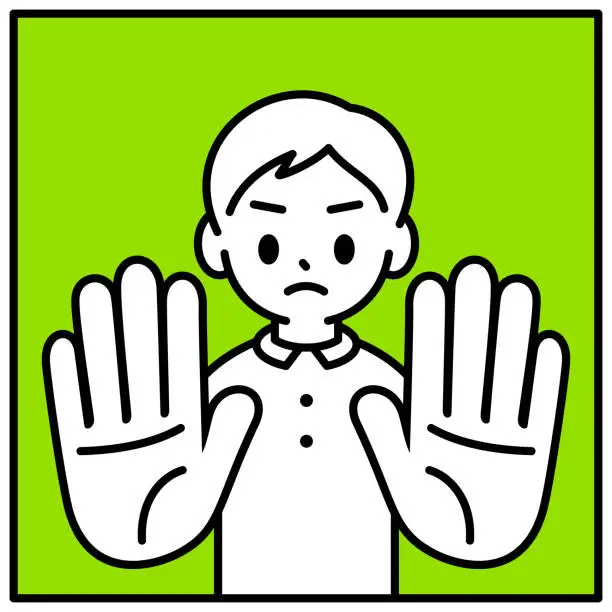 Vector illustration of A boy is holding up his hands to refuse, looking at the viewer, minimalist style, black and white outline