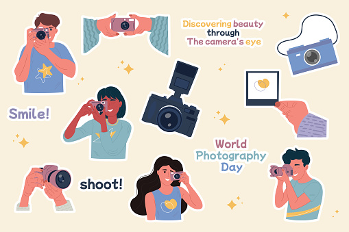 Stickers for world photographer's day with lettering. Woman, man taking a photo. Camera