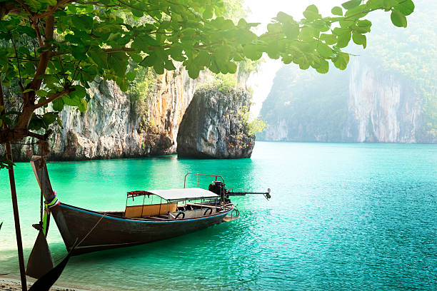 istock long boat on island in Thailand 153083638