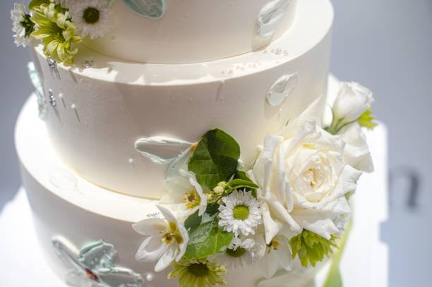 istock White three-tier wedding cake adorned with white flowers 1530839564