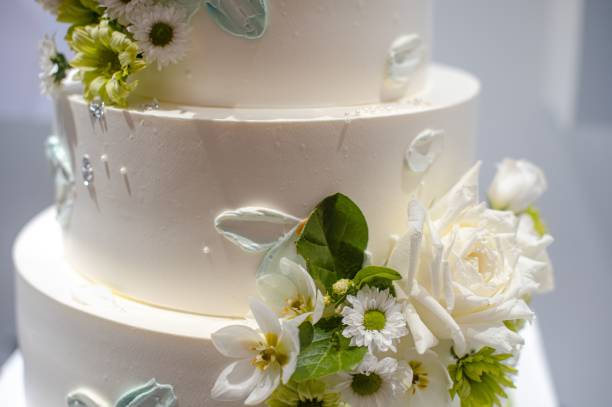 istock White three-tier wedding cake adorned with white flowers 1530839568