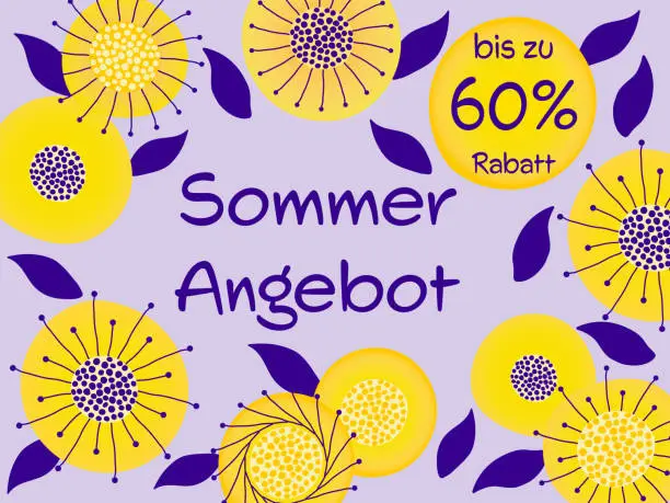 Vector illustration of Sommerangebot bis zu 60% Rabatt - text in German language - Summer offer up to 60% off. Sales banner with yellow summer flowers on purple background.