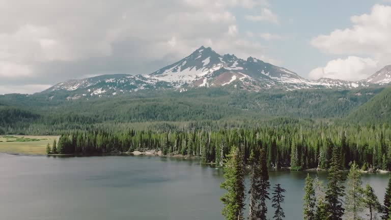 Landscape scene of pine trees by Sparks Lake with snowy mountains range on the horizon