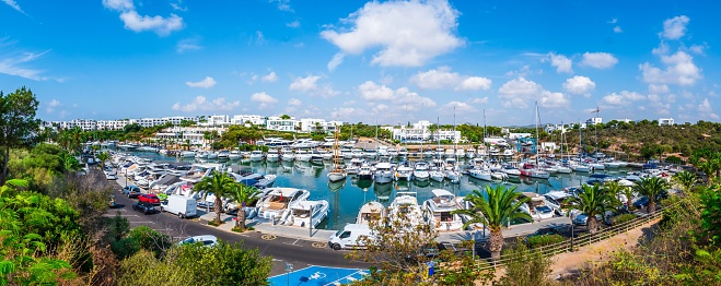 A panoramic aerial view of the busy Cala d'Or port on a sunny day