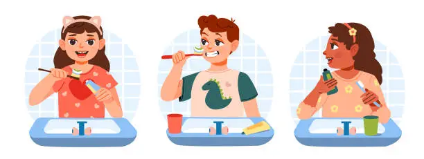 Vector illustration of Dental hygiene. Kids in pajamas are brushing their teeth. Flat vector illustration.