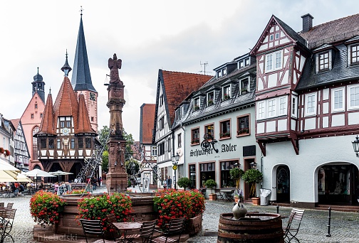 Michelstadt, Germany – July 26, 2020: A beautiful shot of a plaza with historic buildings in Michelstadt, Germany