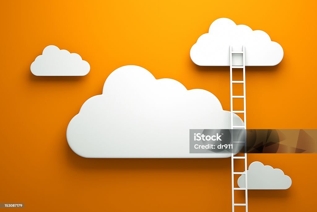 Clouds with white ladder on orange background a competition concept, clouds with ladders on orange Cloud - Sky Stock Photo