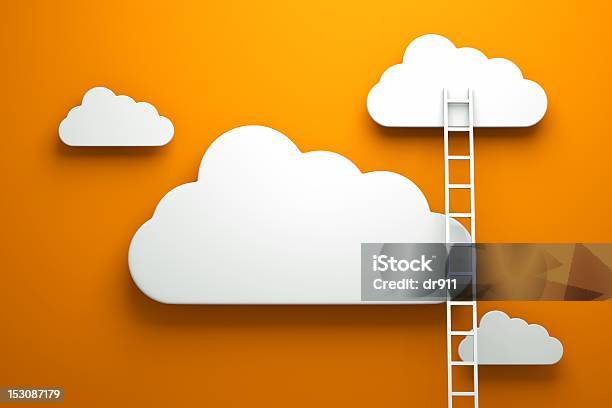 Clouds With White Ladder On Orange Background Stock Photo - Download Image Now - Cloud - Sky, Ladder, Blank