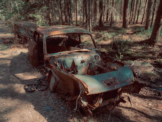 istock Vintage car parked in an isolated forest graveyard. 1530874076