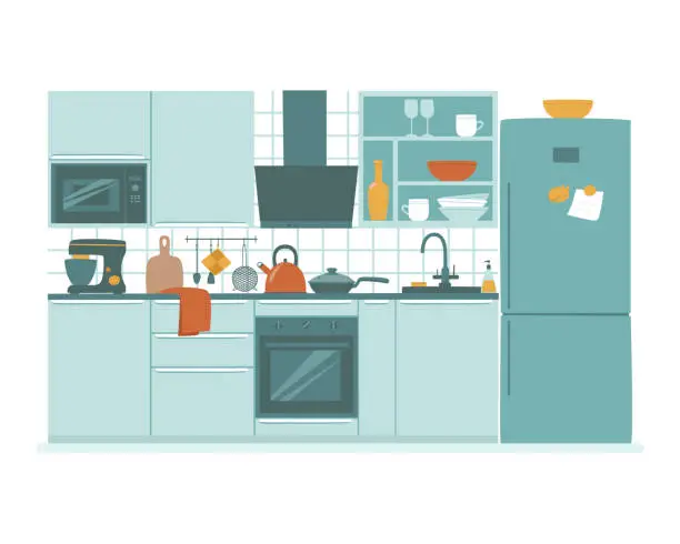 Vector illustration of Kitchen set with crockery and household appliances