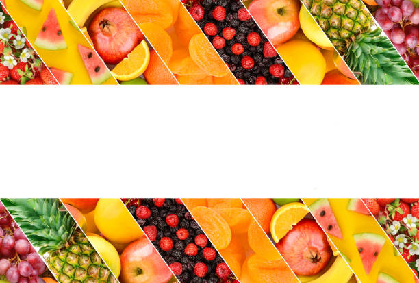 Set of fruits and berries. Photo collage. Free space for text.