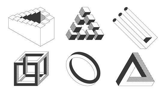 set of Impossible objects. Irrational cube, Ruthersward triangle, impossible trident, MÃ¶bius loop, Penrose triangle, Penrose stairs.Black and white vector illustration