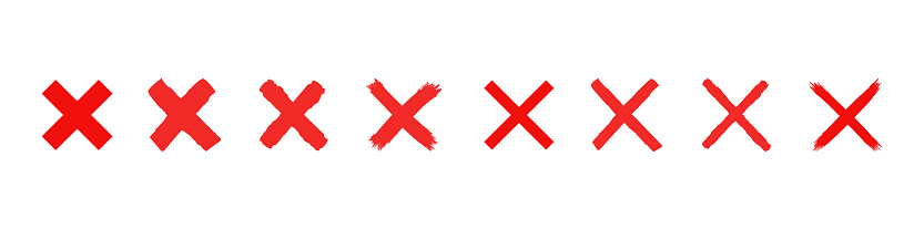 Red cross sign. Brush x symbol. Wrong mark vector icon sign set. Isolated red crosses on white background.