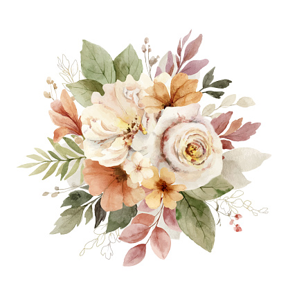 Autumn vector watercolor arrangement with flowers and leaves. Trendy blush pink, peach, golden, cream, beige, brown flowers. Composition for greeting cards, wedding invitations and decorations.