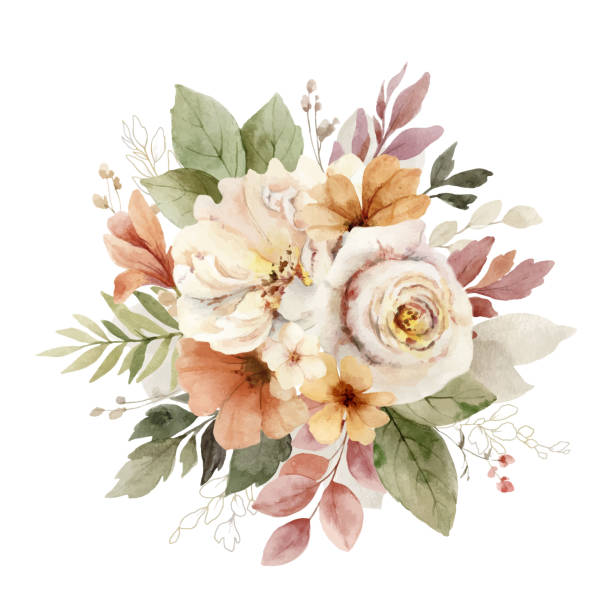 Autumn vector watercolor arrangement with flowers and leaves. Trendy blush pink, peach, golden, cream, beige, brown flowers. Composition for greeting cards, wedding invitations and decorations. Autumn vector watercolor arrangement with flowers and leaves. Trendy blush pink, peach, golden, cream, beige, brown flowers. Composition for greeting cards, wedding invitations and decorations. fall flower bouquet stock illustrations