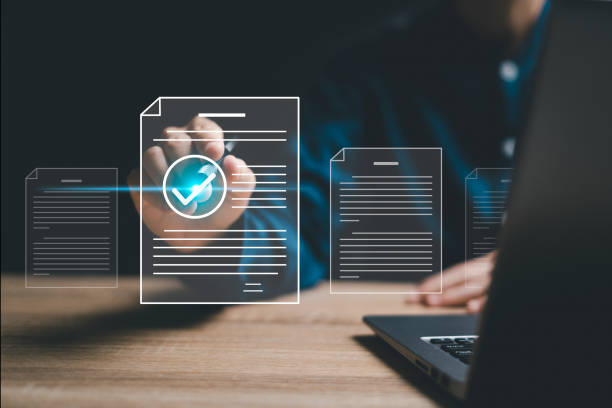 istock Business International high-quality assurance Standard quality control, ISO certified document with the business concept, Businesswomen mark on the sign of top service with and smart document 1530890630