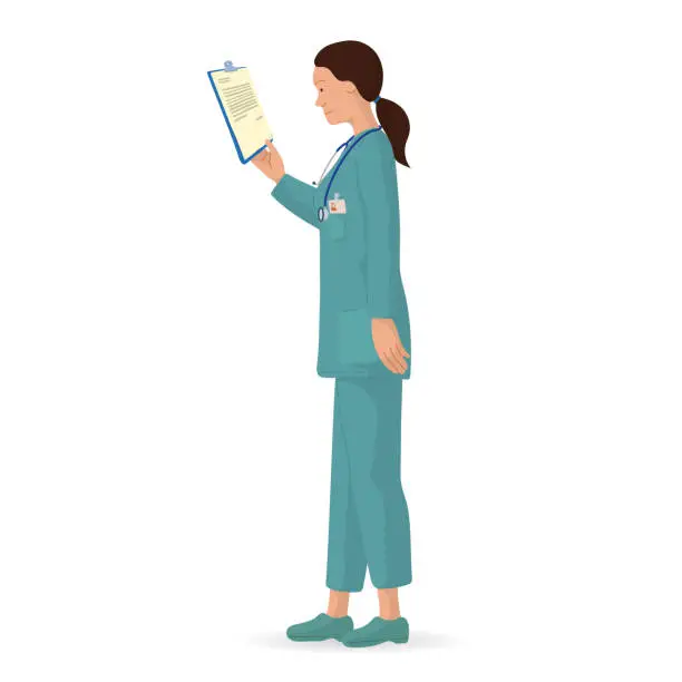 Vector illustration of Female doctor reading a medical record, vector illustration