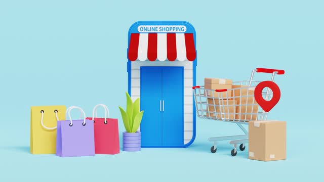 Online shopping store and website in a smartphone concept, Digital marketing online, shopping cart with bags and home delivery boxes. 4K 3D animation