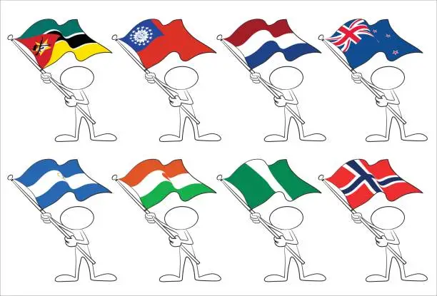 Vector illustration of faceless character with flags