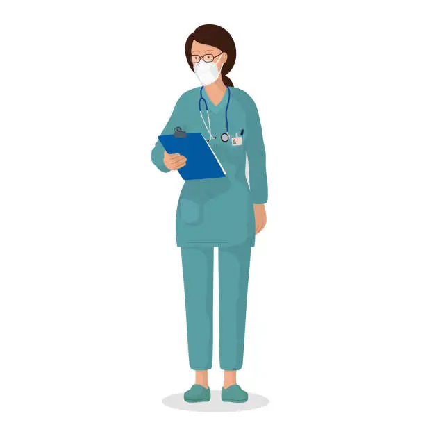 Vector illustration of Female doctor with mask reading a medical record, vector illustration