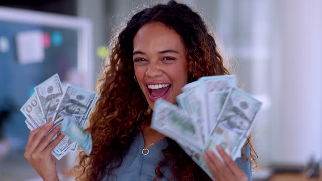 Cash, fan and face of happy woman in business wealth, bonus or investment profit, success and winning money. Winner, banking or rich biracial person for startup loan or financial freedom in office