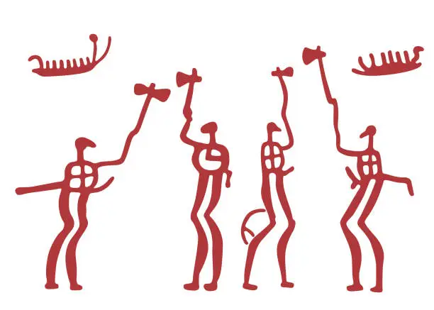 Vector illustration of Petroglyph bronze Age warriors fighting with axes in Bohuslan Schweden illustration